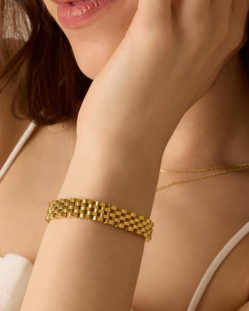 14k Gold Plated Waterproof Watch Strap Chain Bracelet for Women | Two Toned Mixed Metals Stainless Steel Chunky Link Bracelet