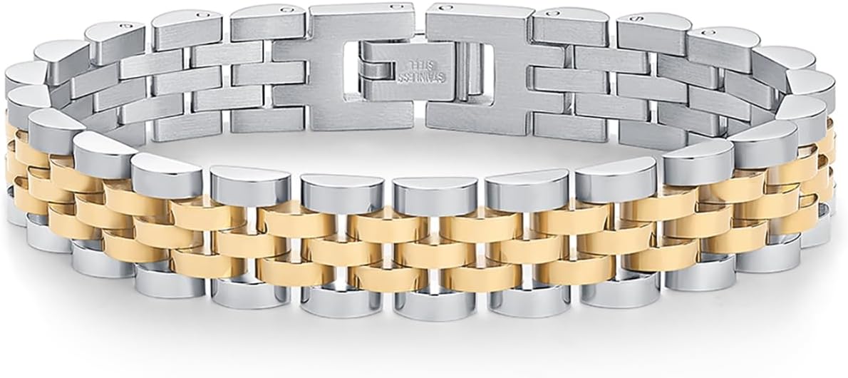 PAVOI 14K Gold Plated Waterproof Watch Strap Chain Bracelet for Women | Two Toned Mixed Metals Stainless Steel Chunky Link Bracelet